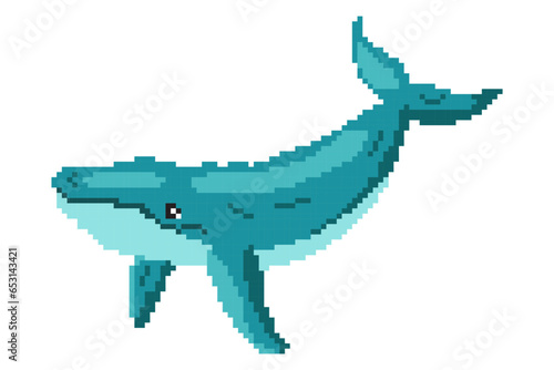 Vector pixel art blue whale icon isolated on white background. Old 8 bit game style element