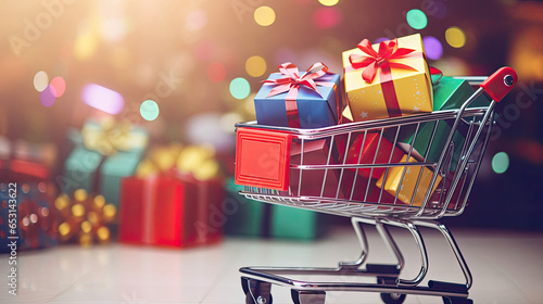 Shopping cart with christmas gift boxes and gifts