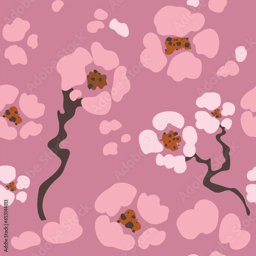 Seamless pattern with cute flowers sakura on pink background. Vector illustration.