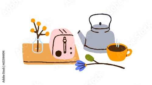 Hot tea cup, teakettle, toaster and flower in vase, morning composition. Retro kettle, teapot, coffee drink, kitchen appliance for breakfast. Flat vector illustration isolated on white background