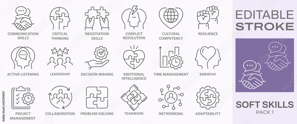 Soft skills icons, such as leadership, teamwork, problem solving, empathy and more. Editable stroke. - obrazy, fototapety, plakaty 