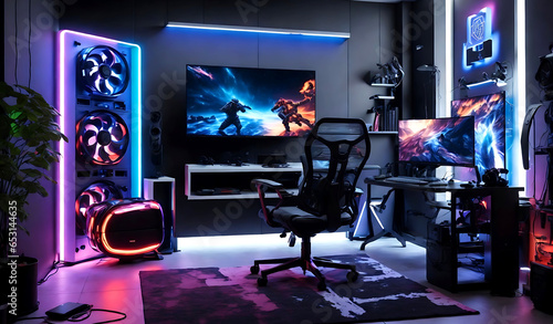 Professional gamer room with powerful PC and comfortable chair in neon lights, Modern workspace, esports, cybersport, Generative AI