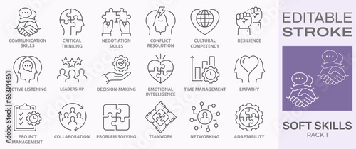 Soft skills icons, such as leadership, teamwork, problem solving, empathy and more. Editable stroke. photo