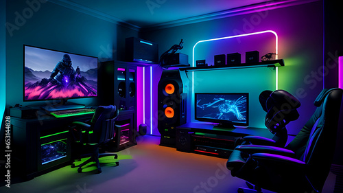 Professional gamer room with powerful PC and comfortable chair in neon lights, Modern workspace, esports, cybersport, Generative AI