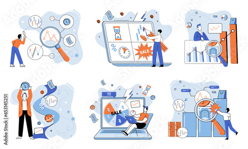 Promotion discount sale. Vector illustration. Flash sale online, surprise party in digital marketplace Sales index, litmus test of products success Forecast of future sales, peek into crystal ball of