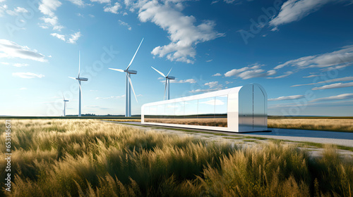wind turbines in the countryside with a technical room for maintenance and energy saving on a scenic road, wind power plant, ecology and technology banner, AI