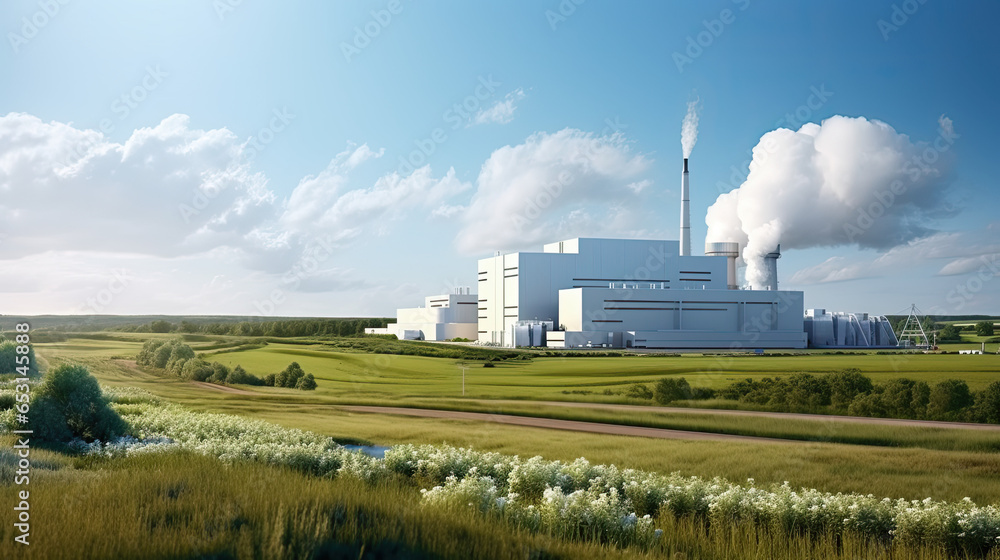 factory releasing smoke from its stacks in large green field, greenery landscape whit blue sky, clean energy, neutral emissions wallpaper, AI 