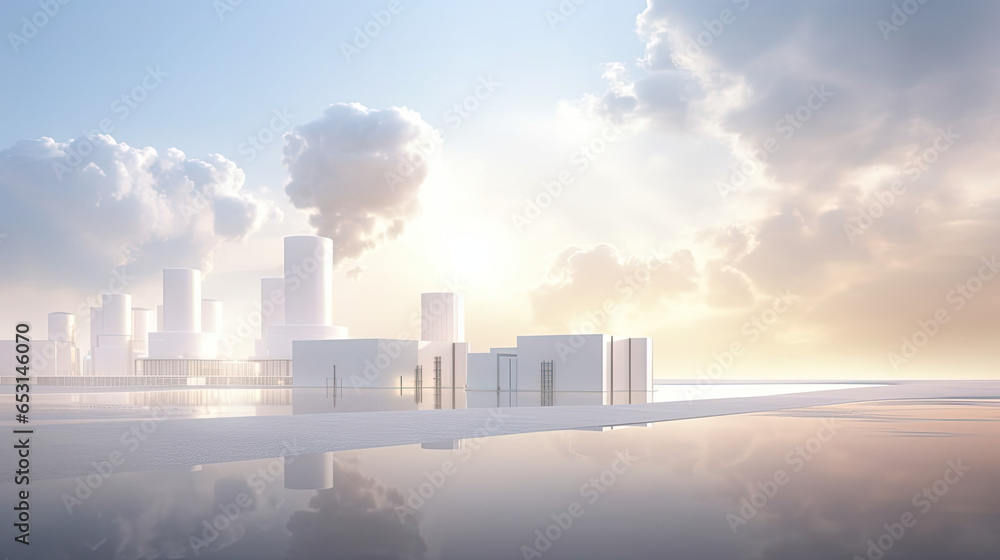 3D concept of a nuclear energy station, minimalist white modern building, futuristic illustration, chimney and smoke, cloud and ray of god at sunset, AI