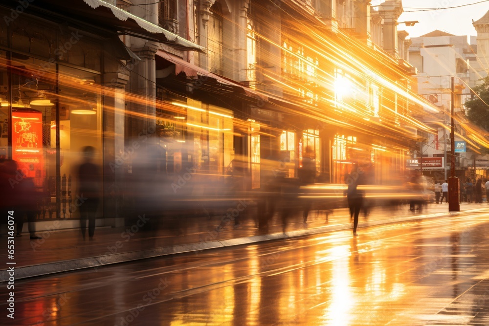 The golden hue of sunset illuminates a bustling shopping street, where a long exposure captures blurred pedestrians in ceaseless motion, juxtaposed against static store facades