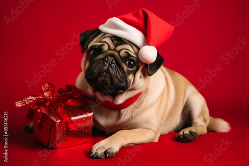 Cute pug dog wearing santa hat lying isolated at red background with present box. Merry christmas banner