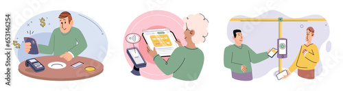 Cashless payment. Vector illustration. Online payment platforms often offer buyer protection and dispute resolution mechanisms Touchless payment systems are designed to be user-friendly and intuitive