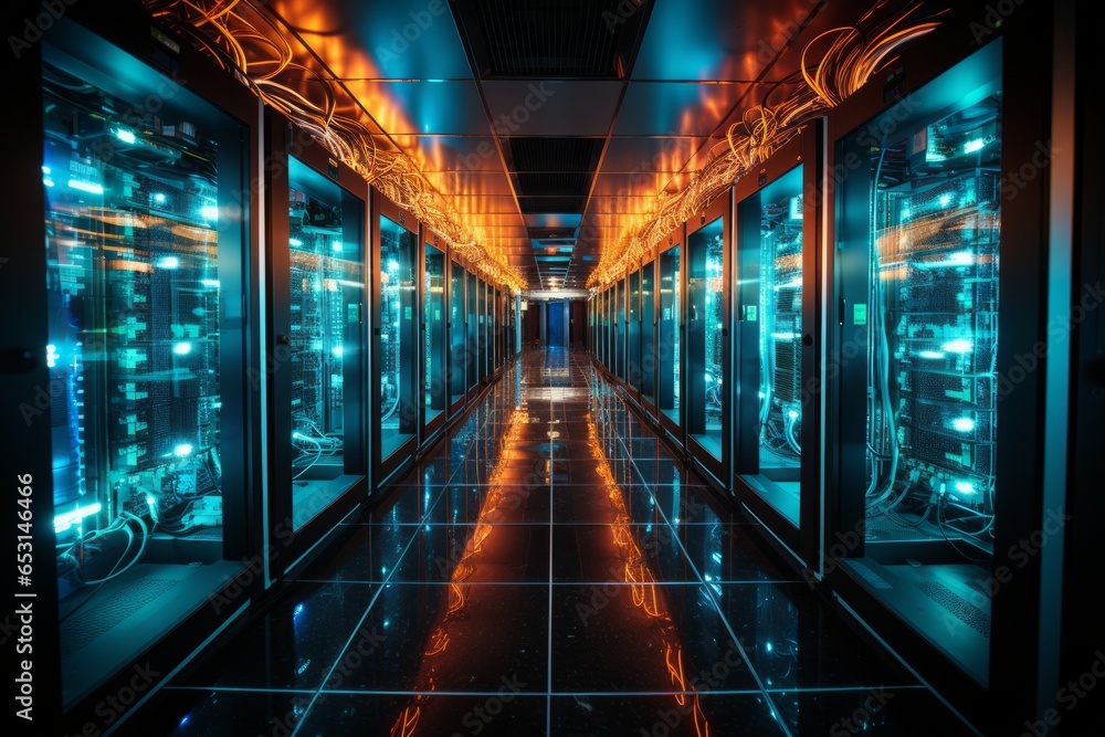 Server room filled with rows of neatly organized and lit server racks, Generative AI