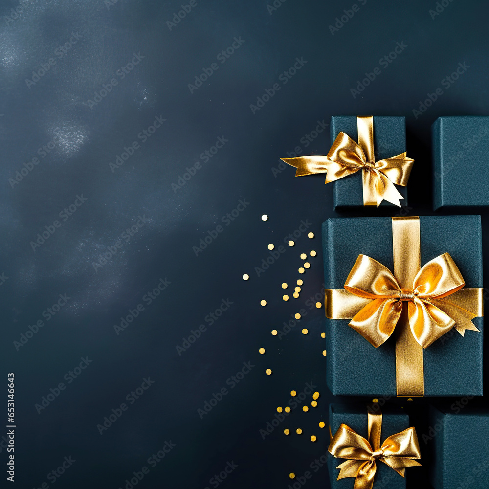 Black gift boxes arranged on dark blue background, black friday discounts concept Black gift boxes arranged on dark blue background, black friday discounts concept
