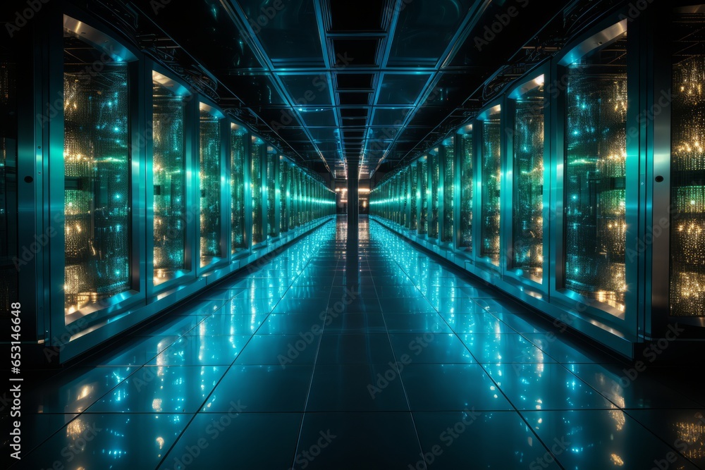 Server room with rows of servers casting a cool blue glow, Generative AI Server room with rows of servers casting a cool blue glow, Generative AI
