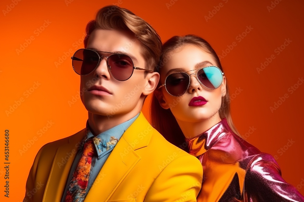 Close up portrait of man and woman in glasses and glamorous dress Close up portrait of man and woman in glasses and glamorous dress