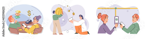 Cashless payment. Vector illustration. Mobile banking apps often include features for making cashless transactions Online payment gateways enable secure and hassle-free digital payments NFC-enabled