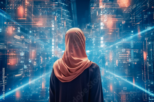 The back of muslim girl wearing hijab, digital technology background.