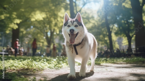 Portrait of happy and gorgeous Siberian Husky dog with tonque hanging out standing in the bright mysterious golden autumn forest at sunset