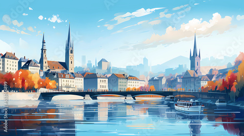Illustration of beautiful view of the city of Zurich, Switzerland
