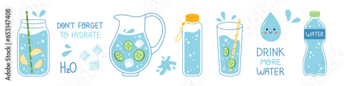 Vector drink more water set. Trendy water banner. Collection of glass, jar, bottle and jug of clean water with slice of cucumber and lemon. Dont forget to hydrate.