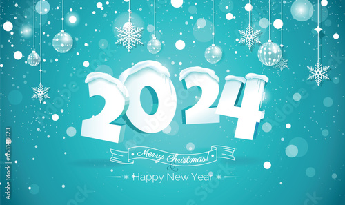 Happy new year 2024 3d Text Design. 2024 snow number illustration. Happy holidays banner with snowflakes and icicles on blue sparkling background.  Vector illustration.