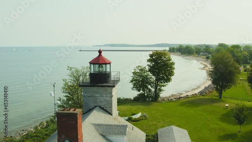 Drone shot backing up view from the light houses at Sodus point New York vacation spot at the tip of land on the banks of Lake Ontario. photo