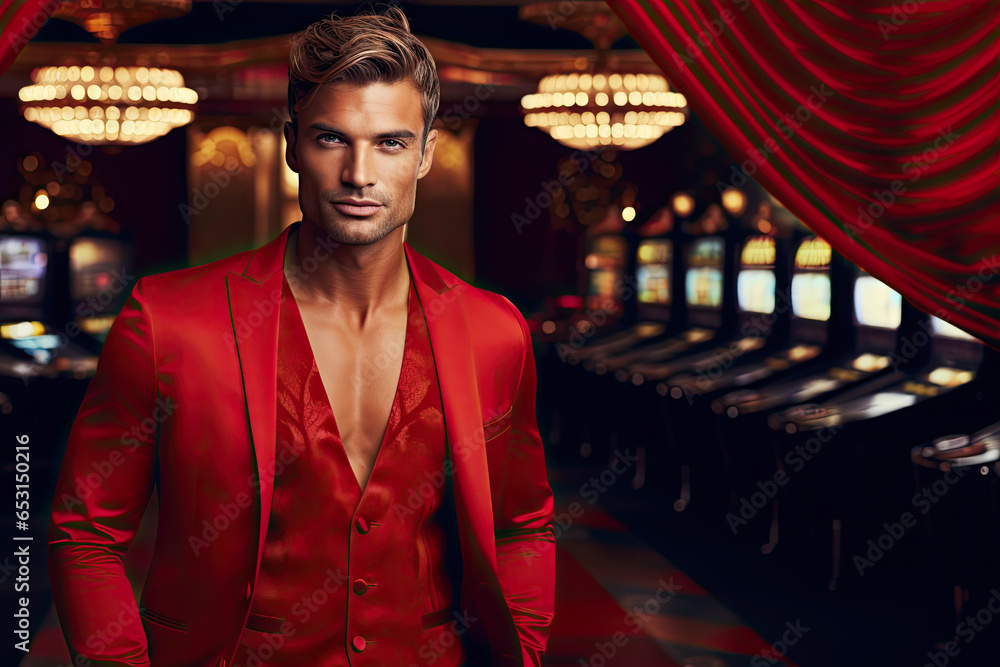 A handsome blond hair men in a red suit is striking a pose in the casino.