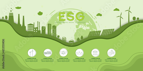 ESG as environmental social and governance concept.Green ecology and alternative renewable energy.Paper art Vector illustration.