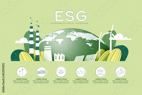 ESG as environmental social and governance concept.Green ecology and alternative renewable energy.Paper art Vector illustration.