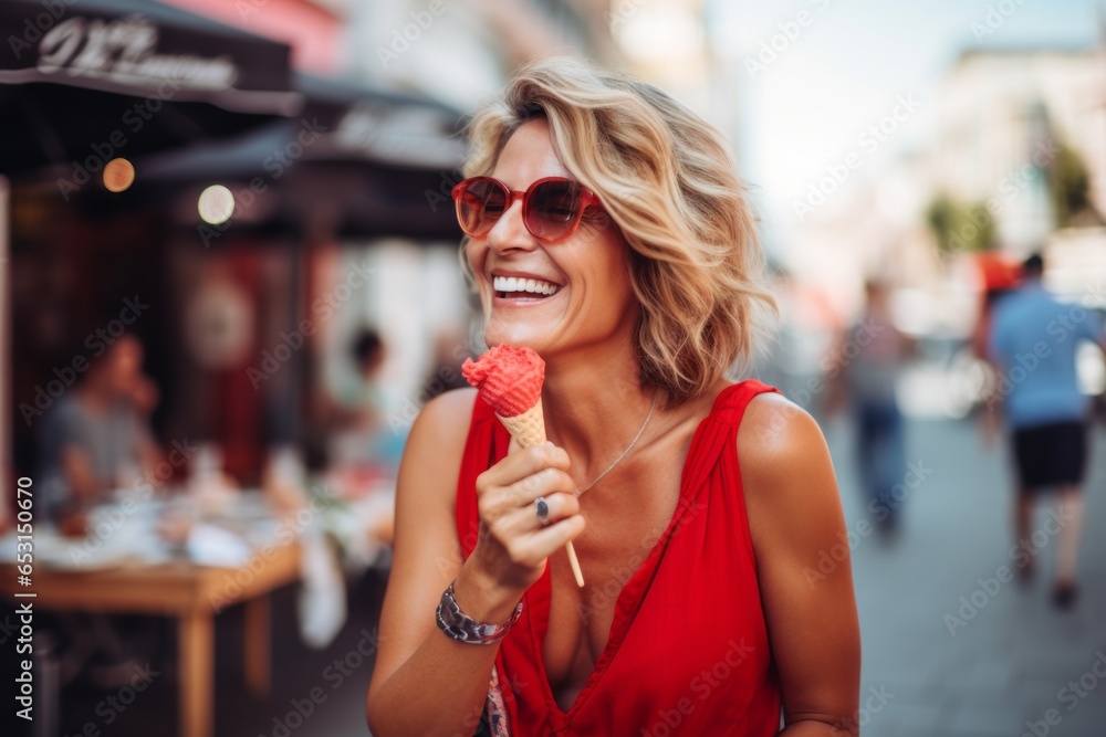 Cheerful young woman eating ice cream in a waffle cone Cheerful young woman eating ice cream in a waffle cone