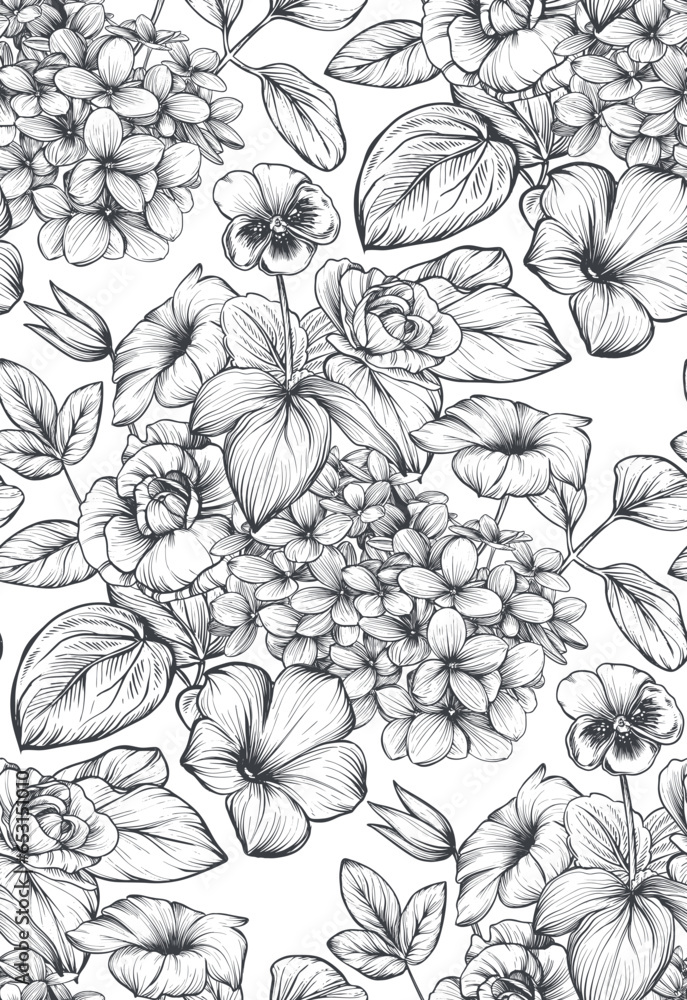 Beautiful hand drawn vector seamless pattern with black and white garden flowers, clematis, hydrangea, begonia Beautiful hand drawn vector seamless pattern with black and white garden flowers, clematis, hydrangea, begonia