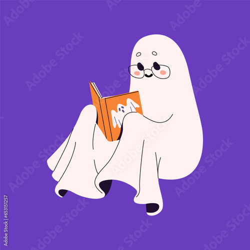 Cute, friendly ghost reading book. Spooky phantom flying. Happy spirit with glasses sitting with novel, rest in leisure, hobby. Funny spook study. Halloween soul flat isolated vector illustration
