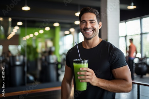Smiling man holding a glass of green smoothie in a gym