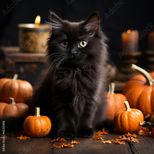 Funny fluffy black cat with pumpkins for Halloween on a dark background