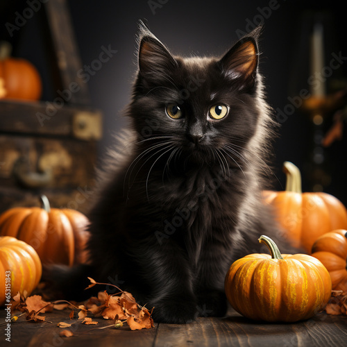 Funny fluffy black cat with pumpkins for Halloween on a dark background, Generative AI © Julia