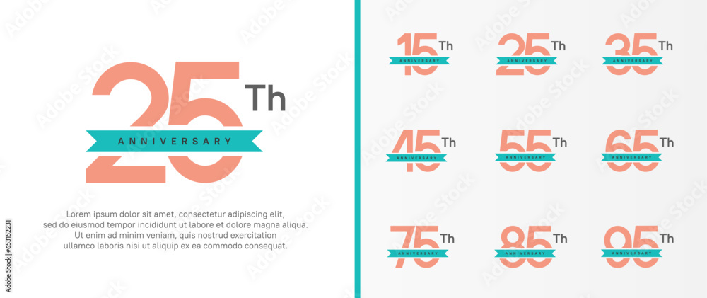 set of anniversary logo pink color number and green ribbon on white background for celebration set of anniversary logo pink color number and green ribbon on white background for celebration