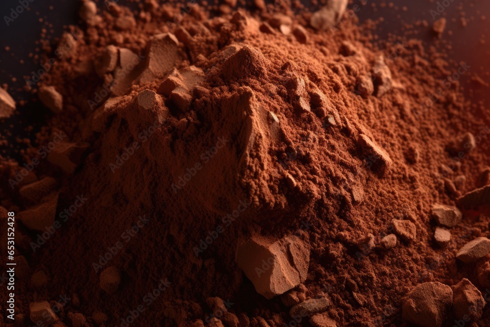 Close-up of cocoa powder, direction of light, mountain of chocolate powder Close-up of cocoa powder, direction of light, mountain of chocolate powder