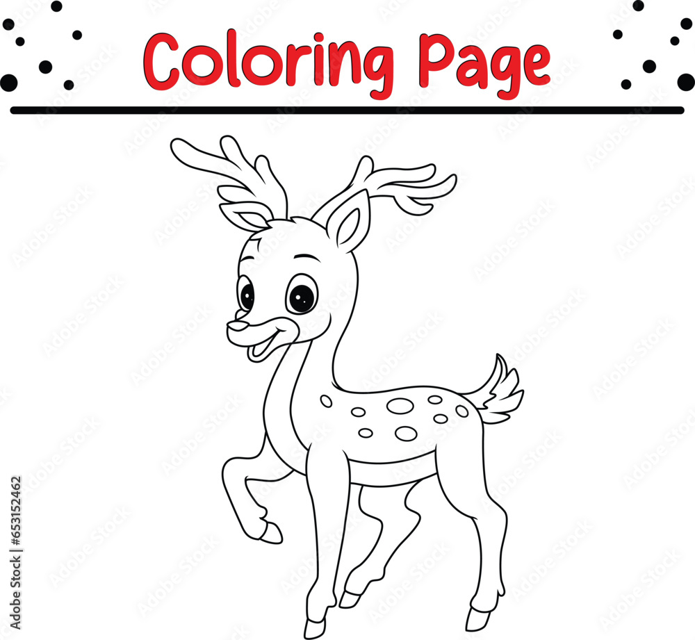 Happy deer animal coloring page for kids. Black and white vector ...