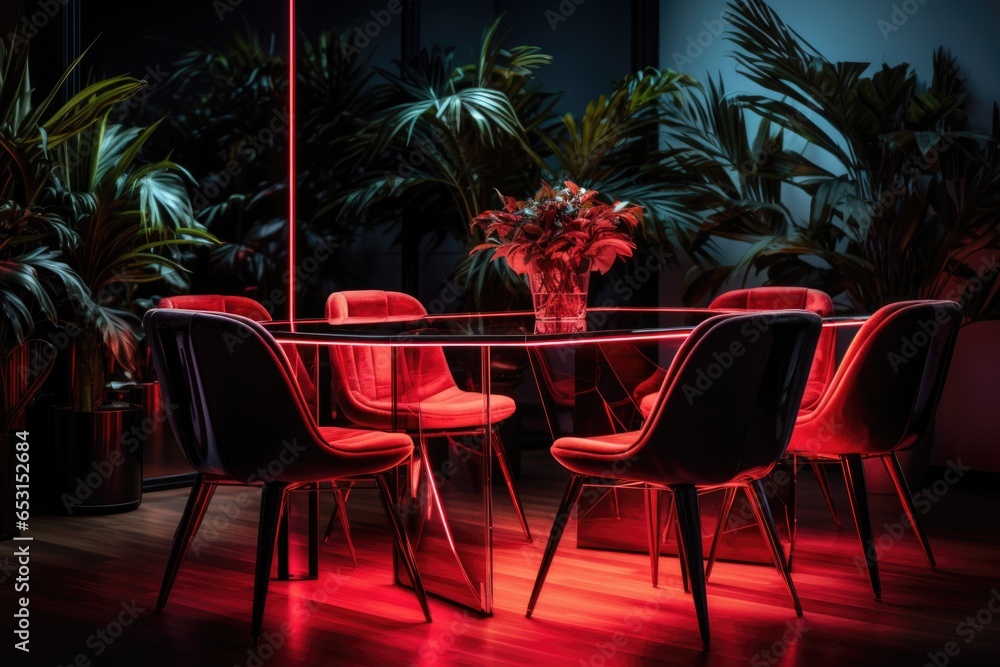 Interior of a room with a dining table with neon red lighting Interior of a room with a dining table with neon red lighting
