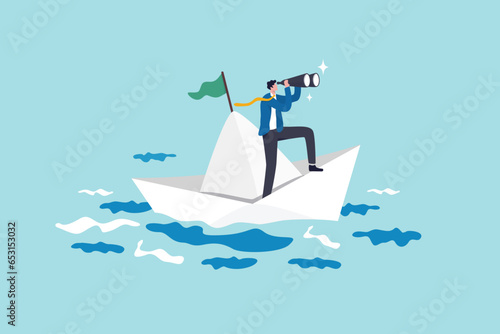 Exploration searching for new career opportunity, binocular vision to see future, look for journey, direction or guidance to success, businessman look through binocular to see sailing ship direction.