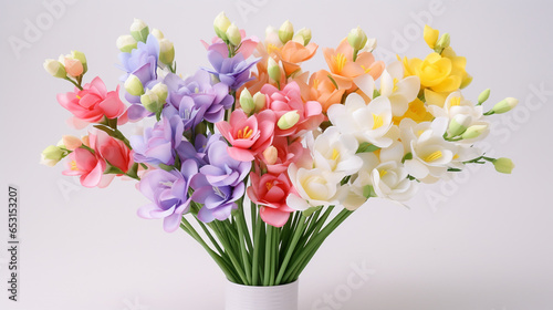 Freesia flowers on neutral background.