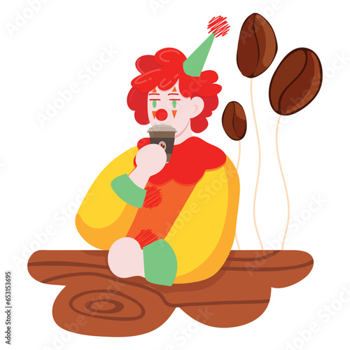 Abstract clown drinking coffee. Balloons in the form of coffee beans.