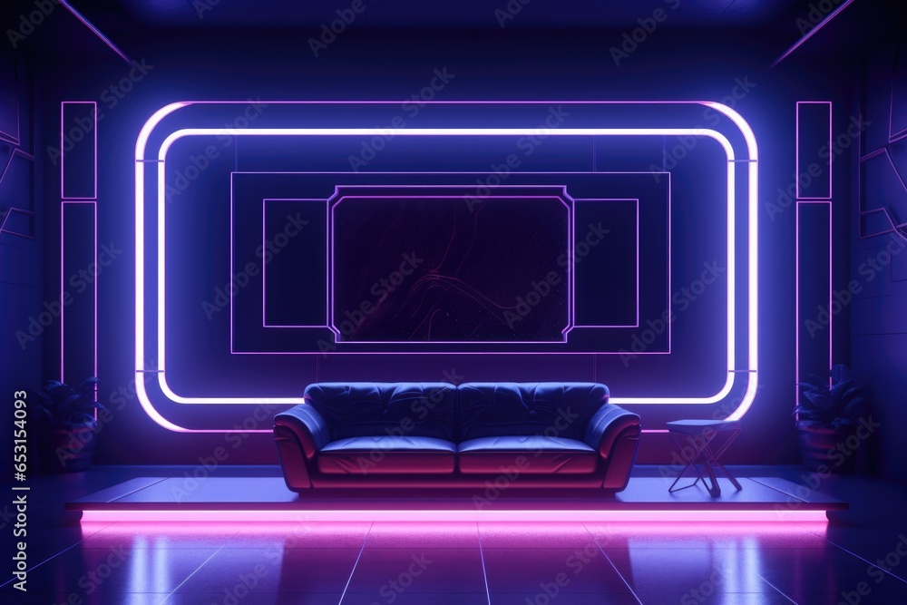 Interior of the room with neon lighting and sofa Interior of the room with neon lighting and sofa