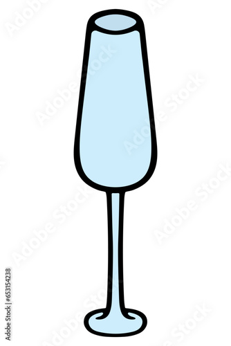 Empty wine glass. Color vector illustration. Blue crystal drink container. Glass goblet with a long stem. Isolated background. Cartoon style. Idea for web design.