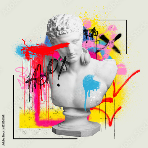 Antique statue bust painted in colorful paints, graffiti over light background. Street style. Contemporary art collage. Concept of postmodern, creativity, imagination, pop art. Creative design photo