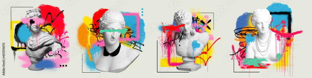 Naklejka premium Set of antique statue busts over light background with colorful graffiti art. Street style. Contemporary art collage. Concept of postmodern, creativity, imagination, pop art. Creative design