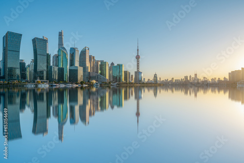 skyline of Shanghai financial district buildings at sunset © shengyi