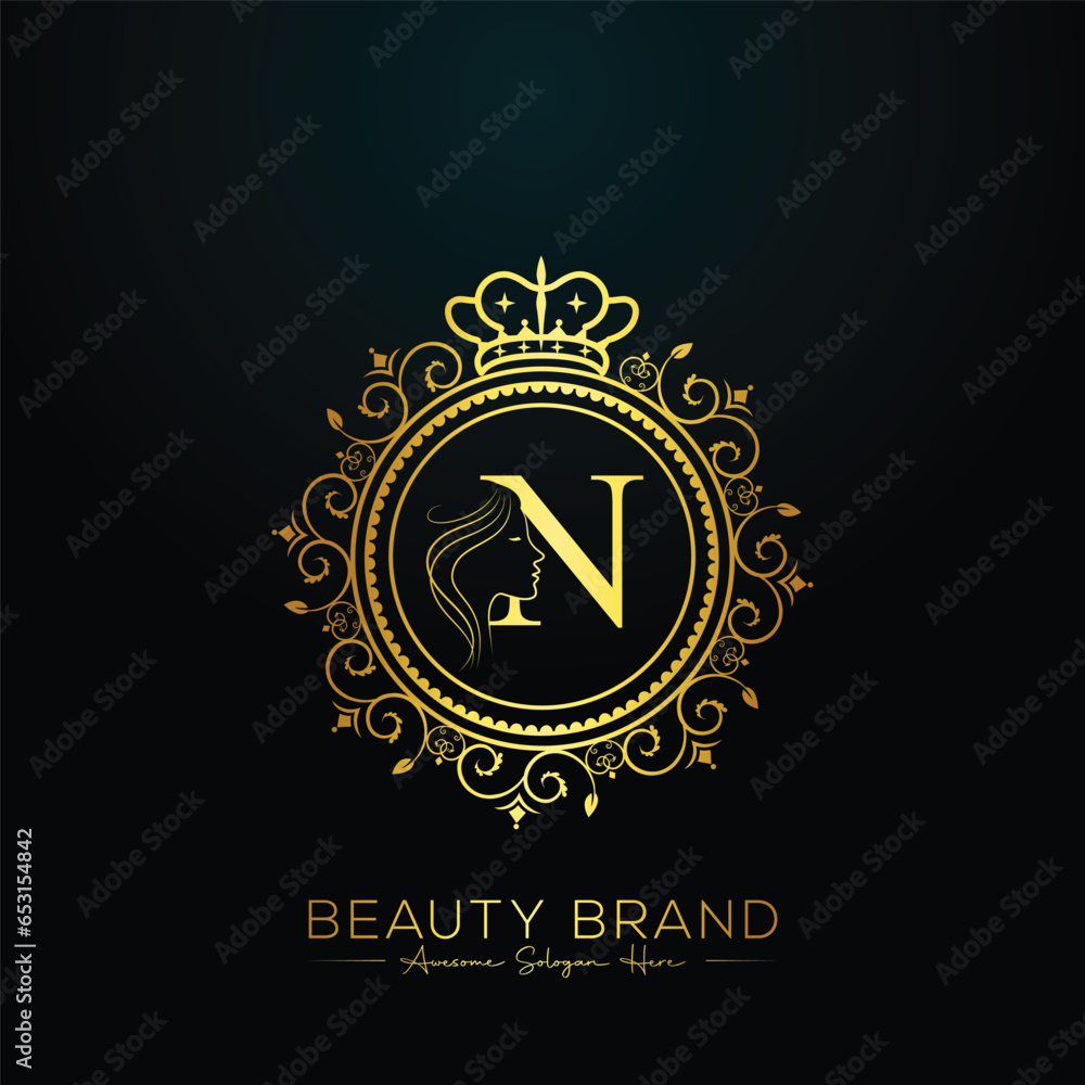 Fototapeta premium Luxury N letter logo, beauty face design vector template