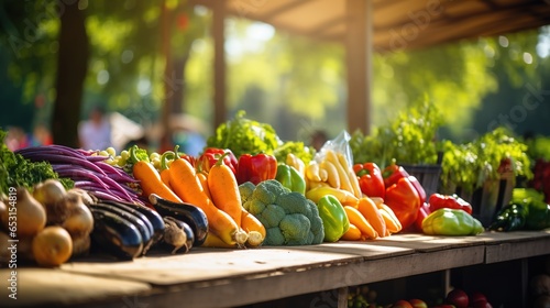 A vibrant farmers market with stands of colorful fruits and vegetables. Fresh tasty fruits and vegetables. Apples, oranges, brocoly, parika, tomato. photo