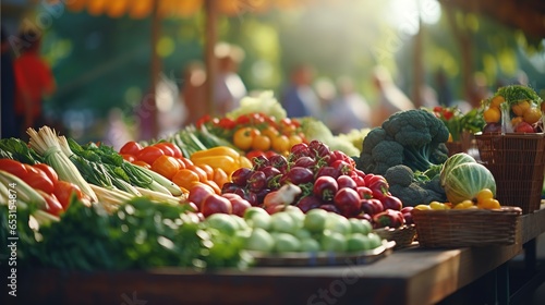 A vibrant farmers market with stands of colorful fruits and vegetables. Fresh tasty fruits and vegetables. Apples, oranges, brocoly, parika, tomato. photo